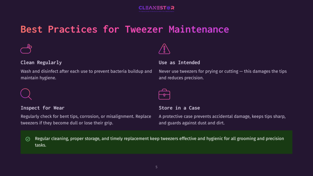 Cleanestor Graphic On Best Practices For Tweezer Maintenance: Clean Regularly, Use As Intended, Inspect For Wear, And Store In A Case. Includes A Checklist For Proper Cleaning And Storage.