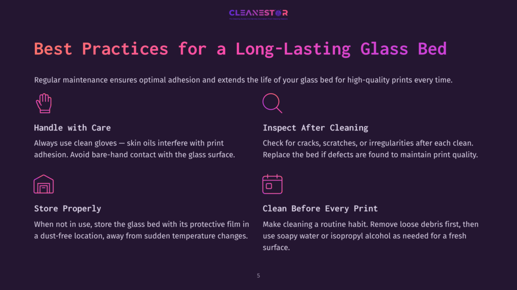 Infographic With Text: &Quot;Best Practices For A Long-Lasting Glass Bed&Quot; And Tips On Cleaning, Inspecting, And Storing Glass Beds For 3D Printing.