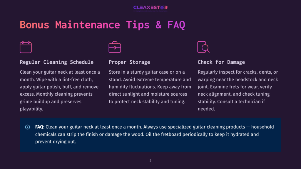 Illustration Of Guitar Maintenance Tips: Regular Cleaning Schedule, Proper Storage, And Check For Damage, With Icons And Text On A Dark Purple Background.