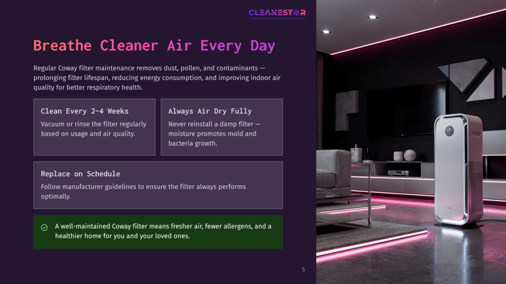 A Sleek, White Coway Air Purifier Stands In A Modern Living Room With Purple Mood Lighting. Text Overlays Describe Regular Filter Maintenance For Optimal Air Quality.