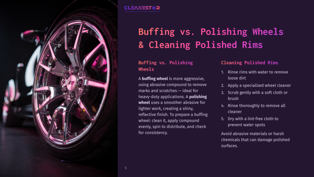A Close-Up View Of A Car Wheel With Pink Highlights And The Text &Quot;Buffing Vs. Polishing Wheels &Amp; Cleaning Polished Rims&Quot; Displayed Prominently, Detailing The Differences And Methods For Maintaining Polished Wheels.