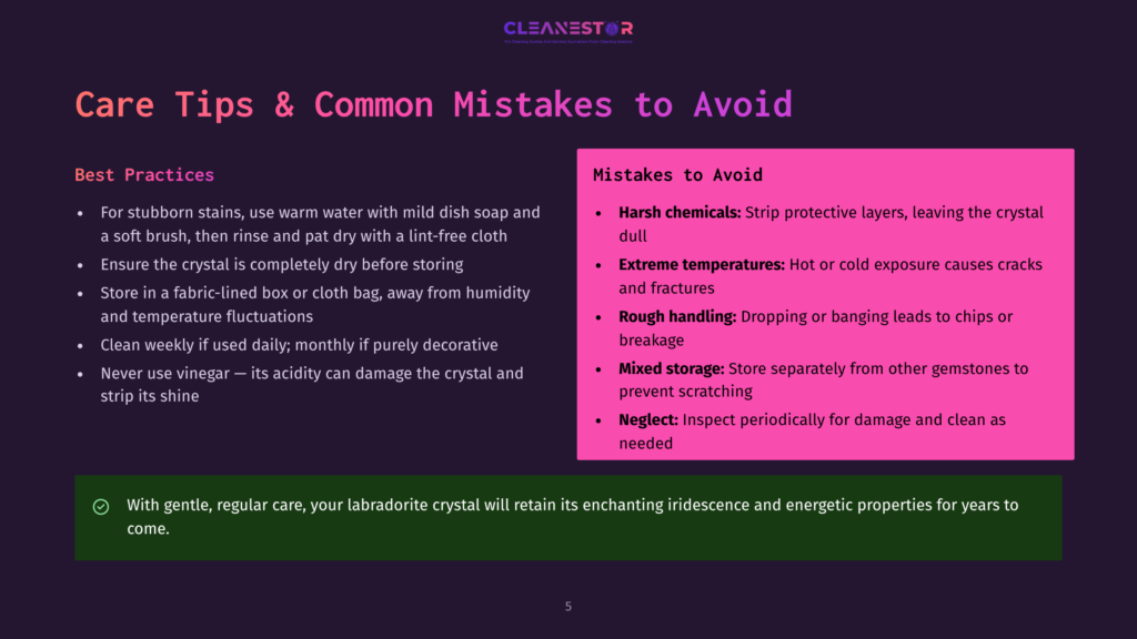 A Presentation Slide Titled &Quot;Care Tips &Amp; Common Mistakes To Avoid&Quot; For Cleanestor, Detailing Best Practices And Mistakes For Crystal Care, Including Harsh Chemicals And Extreme Temperatures.
