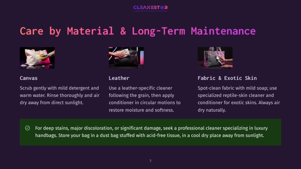 An Infographic On Luxury Handbag Care By Material, With Sections For Canvas, Leather, And Fabric Or Exotic Skin. A Hand Scrubs A Canvas Bag With Mild Detergent, A Hand Applies A Conditioner To A Leather Bag, And A Hand Spots A Fabric Bag With Mild Soap. The Title Reads &Quot;Care By Material &Amp; Long-Term Maintenance.
