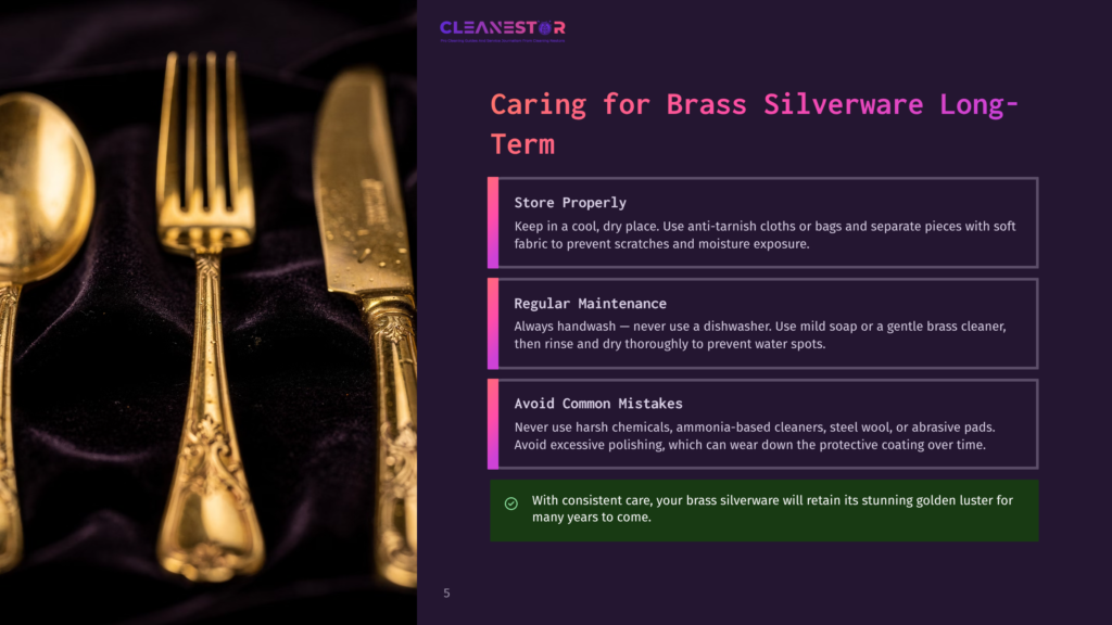Close-Up Of Ornate, Golden Brass Silverware Including A Fork And Knife Resting On A Dark Velvet Cloth, With Text Overlay About Caring For Brass Silverware.
