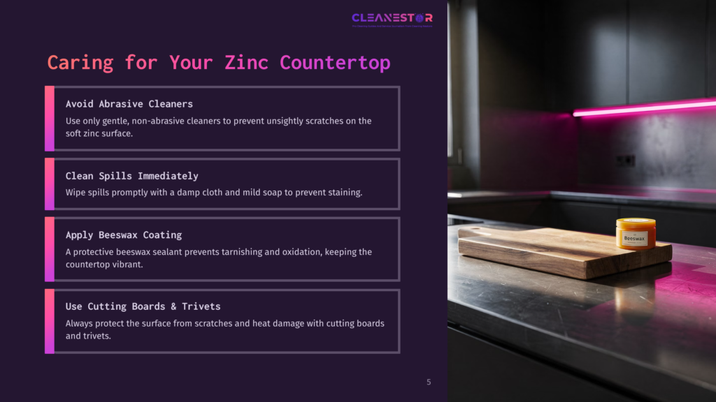 A Dark Zinc Countertop With A Wooden Cutting Board And A Small Jar Of Beeswax Polish, With Pink Neon Lighting In The Background.