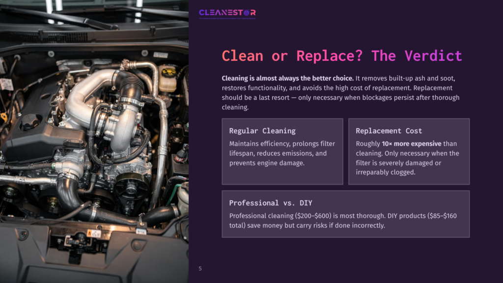 Close-Up Of A Car Engine With Various Pipes, Hoses, And The Turbocharger Visible. The Engine Bay Is Dark And Complex, With Some Metal Components Glinting. Text Overlay Reads &Quot;Cleanestor&Quot; And &Quot;Clean Or Replace? The Verdict&Quot;.