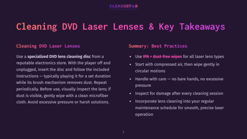 A Presentation Slide Titled &Quot;Cleaning Dvd Laser Lenses &Amp; Key Takeaways&Quot; With Two Columns: &Quot;Cleaning Dvd Laser Lenses&Quot; And &Quot;Summary: Best Practices.&Quot; The Left Column Details How To Clean A Dvd Laser Lens With A Specialized Disc, While The Right Column Lists Best Practices Like Using Ipa And Dust-Free Wipes.