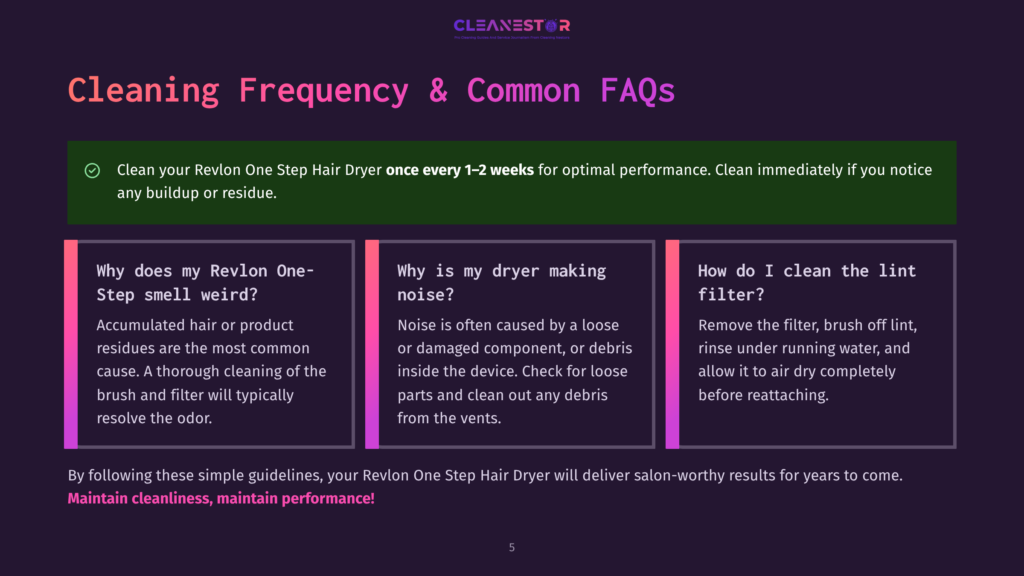 A Dark Purple Background With A White And Pink Text Overlay Titled &Quot;Cleaning Frequency &Amp; Common Faqs&Quot;. Below, Three White Rectangular Boxes With Pink Borders Contain Text About Cleaning A Revlon One Step Hair Dryer.