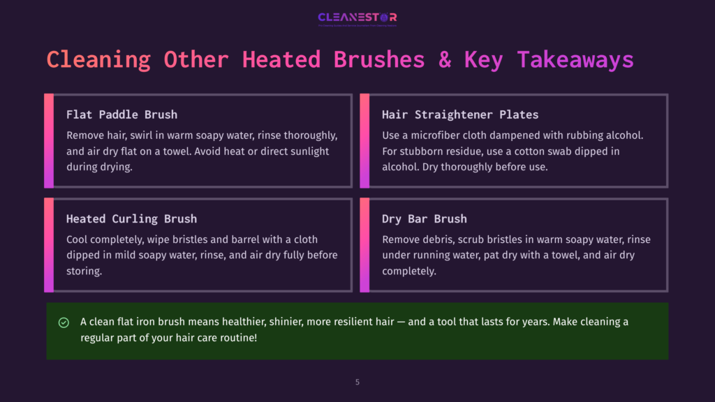 Infographic Titled &Quot;Cleaning Other Heated Brushes &Amp; Key Takeaways&Quot; With Four Sections: Flat Paddle Brush, Hair Straightener Plates, Heated Curling Brush, And Dry Bar Brush, Offering Cleaning Instructions.