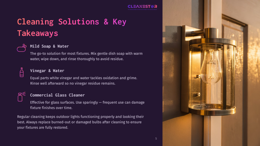 Close-Up Of An Outdoor Wall Light Fixture With A Glass Shade And An Incandescent Bulb, Next To A Dark Wall. Text On The Left Discusses Cleaning Solutions And Takeaways For Commercial Glass Cleaner.