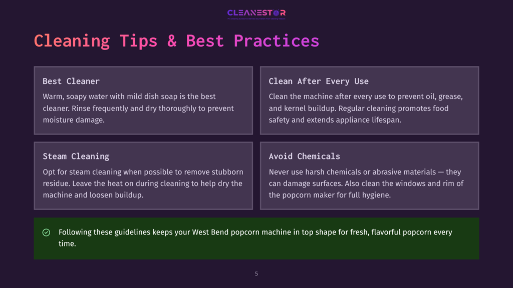 5 Cleaning Tips And Best Practices Infographic With Text Titled &Quot;Cleaning Tips &Amp; Best Practices&Quot; For A West Bend Popcorn Machine, Featuring Four Sections: Best Cleaner, Clean After Every Use, Steam Cleaning, And Avoid Chemicals, With A Green Checkmark And Text About Maintaining The Machine.