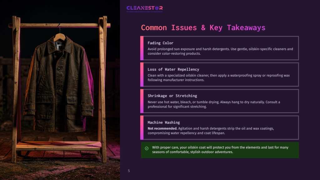 5 Common Issues And Key Takeaways A Rustic Wooden Rack Holds A Dark Brown Waxed Canvas Jacket, With Text Overlay Detailing Common Issues And Key Takeaways For Oilskin Coat Care, Including Fading Color, Water Repellency Loss, Shrinkage, And Machine Washing.