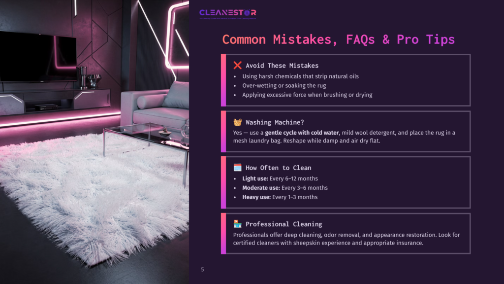 A Fluffy White Shag Rug Lies On A Floor In A Modern Living Room With Neon Pink Accents, Next To A Glass Coffee Table And A Large Tv. The Image Also Contains Text About Cleaning Tips, Including &Quot;Cleanestor&Quot; And &Quot;Common Mistakes, Faqs &Amp; Pro Tips.