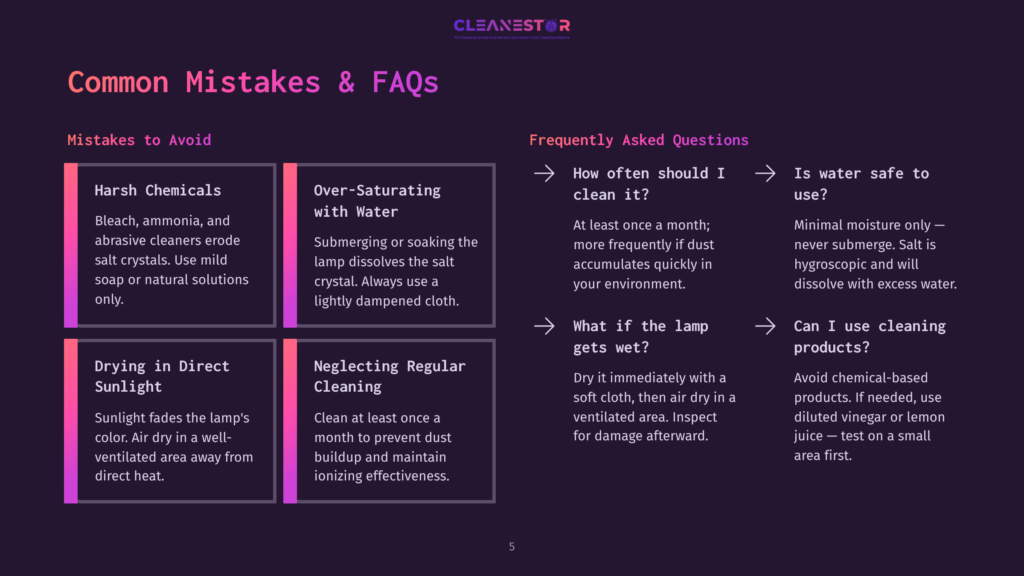 Infographic Titled &Quot;Common Mistakes &Amp; Faqs&Quot; For Cleaning, Detailing Harsh Chemicals, Over-Saturating With Water, Drying In Direct Sunlight, And Neglecting Regular Cleaning, With Faqs On Cleaning Frequency And Water Safety.