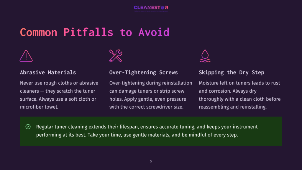 Infographic Detailing Common Pitfalls To Avoid When Cleaning Guitar Tuners: Abrasive Materials, Over-Tightening Screws, And Skipping The Dry Step. Includes A Green Checkmark With Text About Proper Tuner Cleaning.