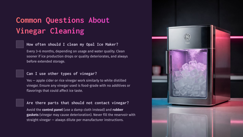 Opal Ice Maker With Glowing Purple Light, Producing Ice. Text On The Left Discusses Common Questions About Vinegar Cleaning For The Opal Ice Maker, Including Cleaning Frequency And Types Of Vinegar.