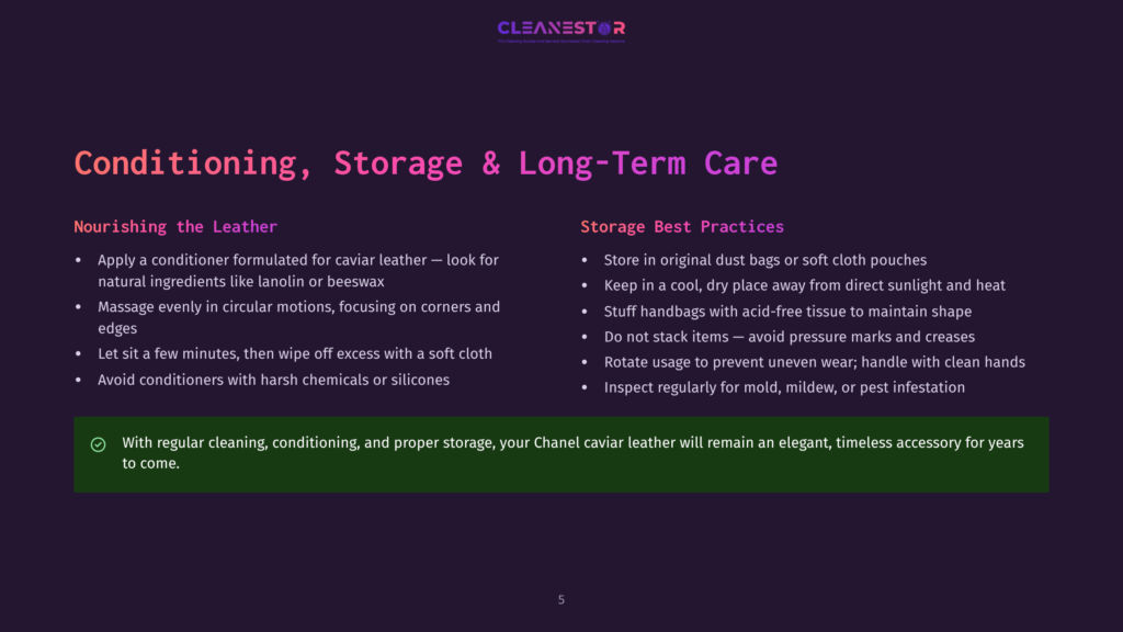 Text Overlay On A Dark Background: &Quot;Conditioning, Storage &Amp; Long-Term Care&Quot; With Two Columns Of Bullet Points Detailing Leather Care And Storage Best Practices, Including &Quot;Nourishing The Leather&Quot; And &Quot;Storage Best Practices.