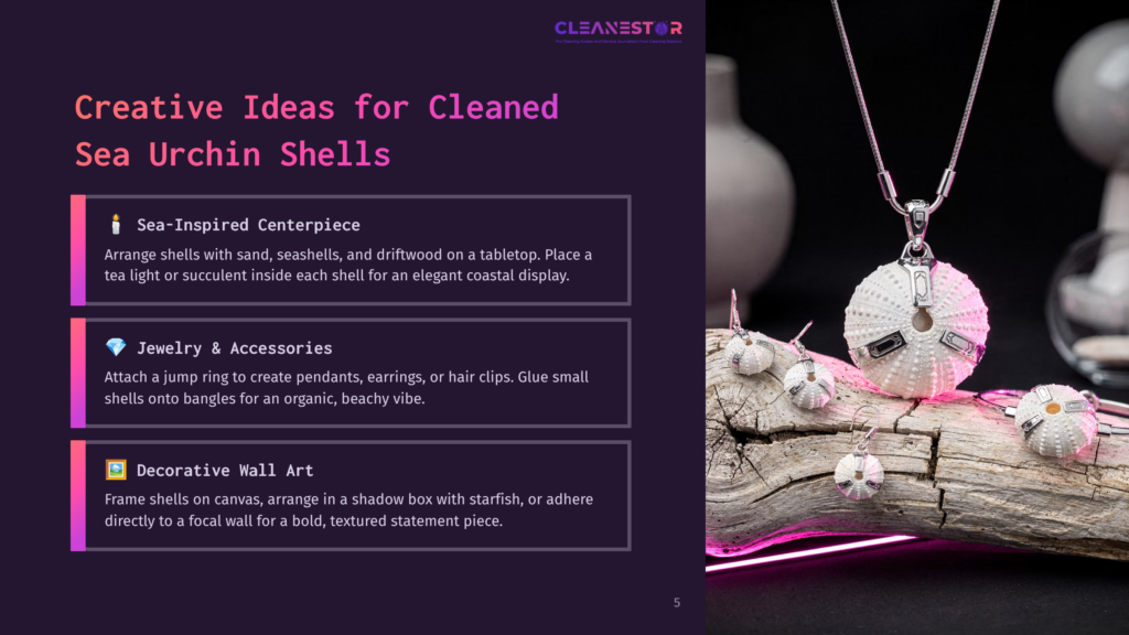 5 Creative Ideas For Cleaned Sea Urchin Shells Close-Up Of A White Sea Urchin Shell Necklace And Earrings Displayed On A Piece Of Driftwood, With Pink Neon Lights Illuminating The Scene.
