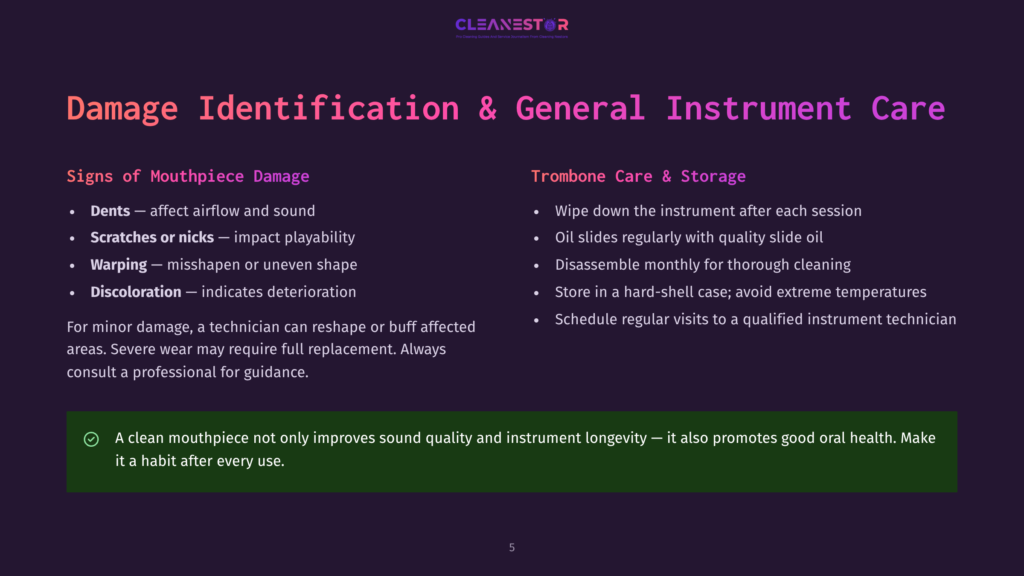 5 Damage Identification And General Instrument Care An Infographic On A Dark Background With Text About Trombone Care And General Instrument Care. The Left Section Is Titled &Quot;Damage Identification&Quot; With Bullet Points On Signs Of Mouthpiece Damage. The Right Section Is Titled &Quot;Trombone Care &Amp; Storage&Quot; With Bullet Points On Care Tips.