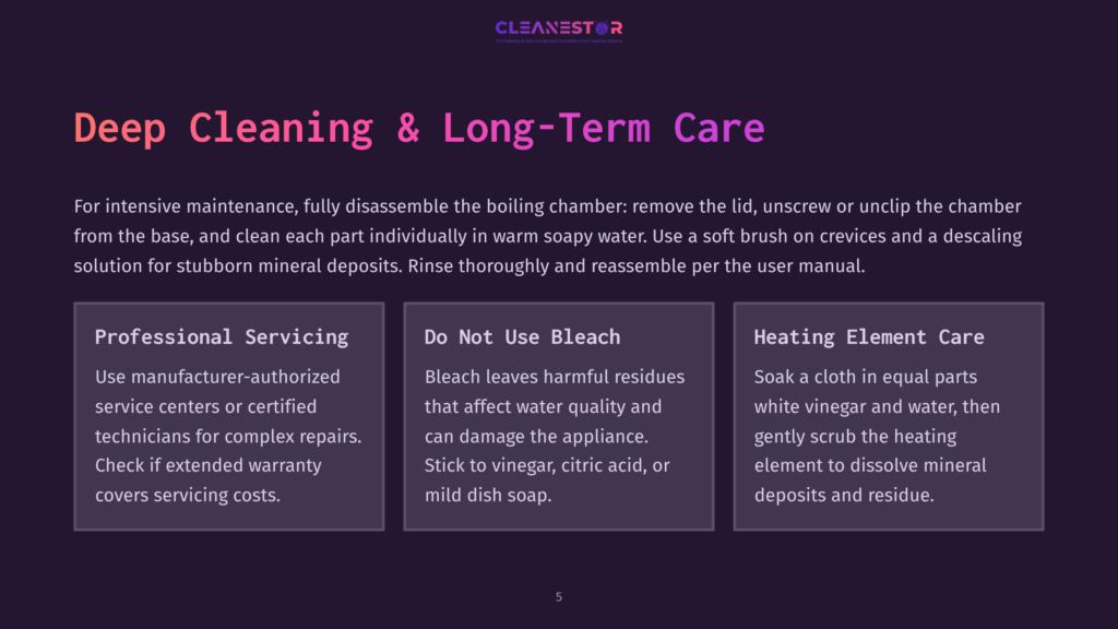 5 Deep Cleaning And Long Term Care Deep Cleaning &Amp; Long-Term Care For Appliances: Professional Servicing, Do Not Use Bleach, And Heating Element Care Instructions Are Displayed In Three Distinct Text Boxes Against A Dark Background.