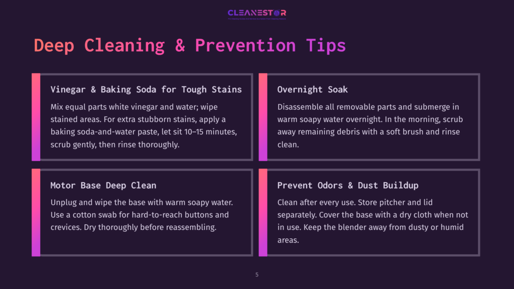 Infographic With Title &Quot;Deep Cleaning &Amp; Prevention Tips&Quot; Detailing How To Clean With Vinegar And Baking Soda, Overnight Soaking, Motor Base Deep Clean, And Preventing Odors &Amp; Dust Buildup.