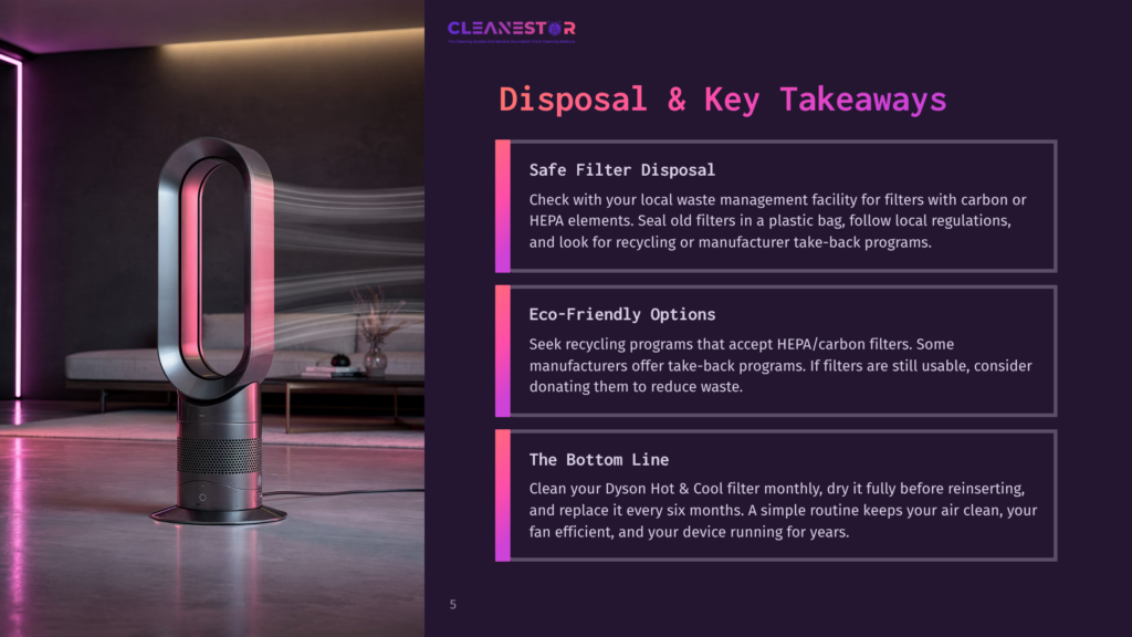 5 Disposal And Key Takeaways A Modern Dyson Air Purifier With A Sleek White And Silver Design Stands In A Dimly Lit Room, Emitting A Soft Blue Glow And A Gentle Stream Of Air. The Text &Quot;Cleanestor&Quot; And &Quot;Disposal &Amp; Key Takeaways&Quot; Are Visible.