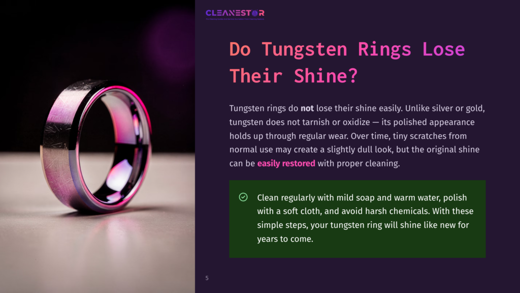 A Close-Up Of A Polished Tungsten Ring With Subtle Scratches, Reflecting Purple And Pink Light Against A Dark, Blurred Background. Text Reads &Quot;Cleanestor&Quot; And &Quot;Do Tungsten Rings Lose Their Shine?&Quot;.