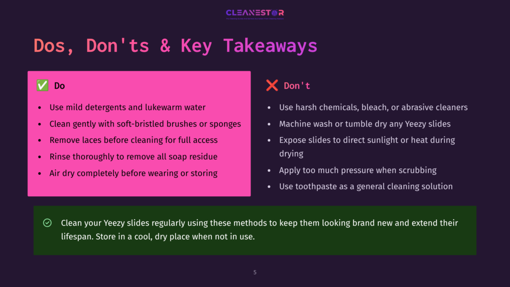 Infographic Titled &Quot;Dos, Don'Ts &Amp; Key Takeaways&Quot; For Cleaning Yeezy Slides, With A Green Checkmark For &Quot;Do&Quot; And Red 'X' For &Quot;Don'T&Quot; Lists.