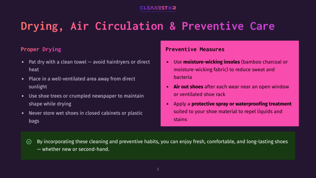 A Presentation Slide Titled &Quot;Drying, Air Circulation &Amp; Preventive Care&Quot; From Cleanestor. It Details Proper Drying Methods And Preventive Measures For Shoes, Including Air Drying, Using Moisture-Wicking Insoles, And Protective Sprays.