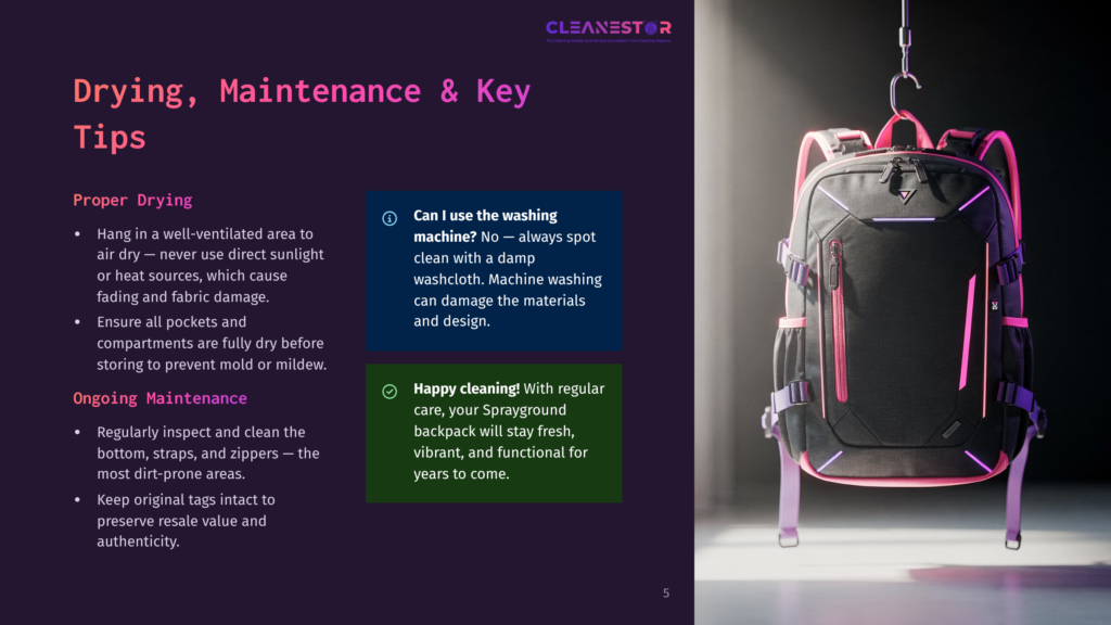 A Black Backpack With Neon Pink Accents Hangs From A Hook, With Text Overlay Detailing Proper Drying And Maintenance Tips For The Bag, Including &Quot;Cleanestor&Quot;.