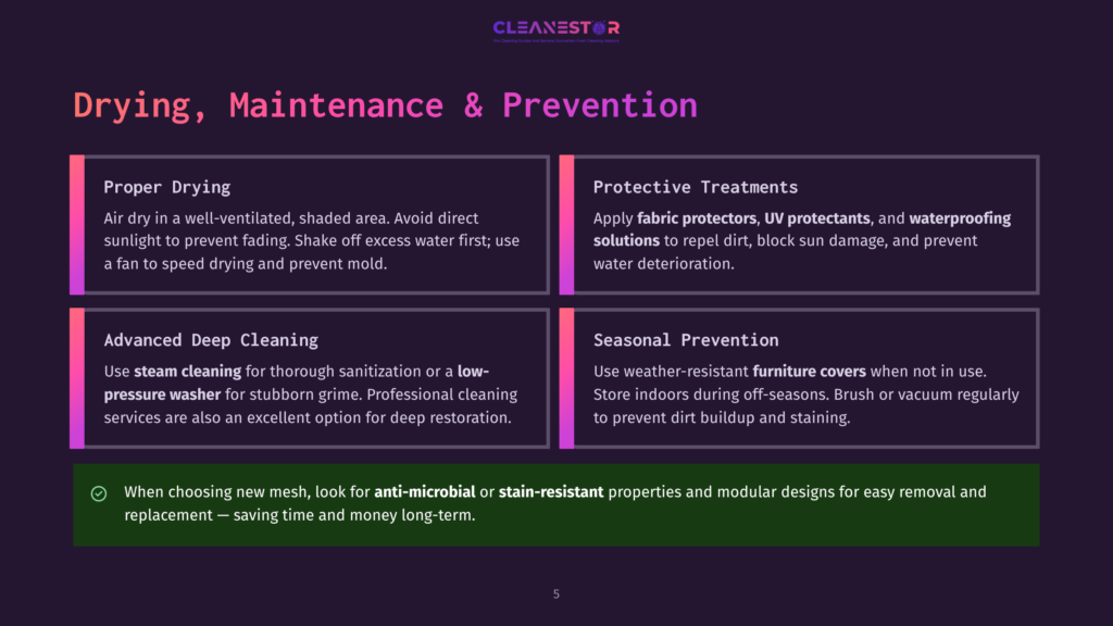 5 Drying Maintenance And Prevention Four Panels Detailing Furniture Care: Proper Drying, Protective Treatments, Advanced Deep Cleaning, And Seasonal Prevention. Text Highlights Steam Cleaning And Anti-Microbial Properties.
