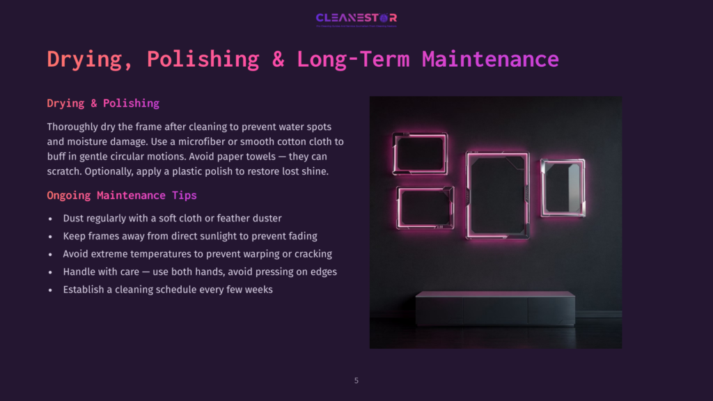 A Dark Room With A Modern Entertainment Center And Four Framed Pictures On The Wall, Each With A Glowing Pink Neon Border. The Text &Quot;Cleanestor&Quot; Is At The Top.
