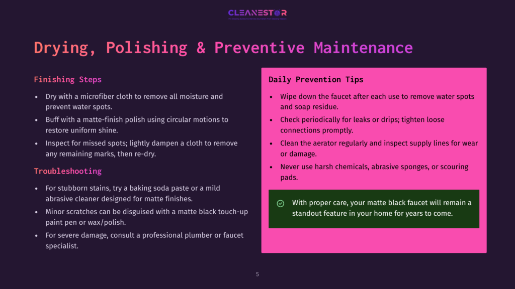 A Slide Titled &Quot;Drying, Polishing &Amp; Preventive Maintenance&Quot; With Sections On &Quot;Finishing Steps,&Quot; &Quot;Troubleshooting,&Quot; And &Quot;Daily Prevention Tips&Quot; For Faucets.