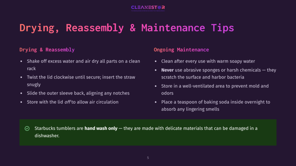 A Webpage With Drying And Reassembly Tips For A Product, With A Purple Background And Text In White And Green Fonts. It Includes Steps Like Shaking Off Excess Water And Using Warm Soapy Water To Clean.