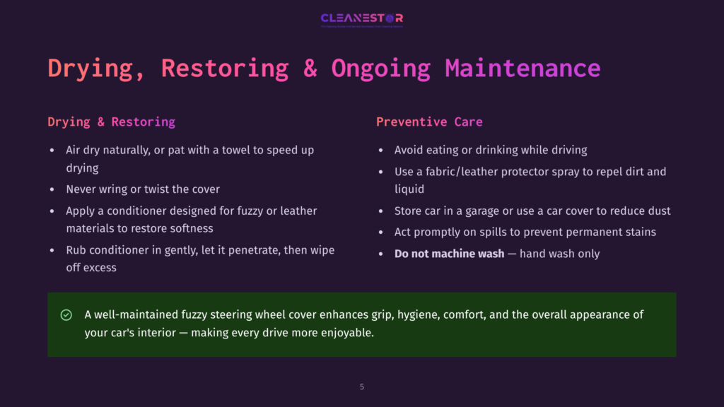 Cleanestor Logo At The Top. The Slide Details &Quot;Drying, Restoring &Amp; Ongoing Maintenance&Quot; For Car Interiors, With Bullet Points For &Quot;Drying &Amp; Restoring&Quot; And &Quot;Preventive Care,&Quot; Plus A Tip About Well-Maintained Fuzzy Steering Wheels.