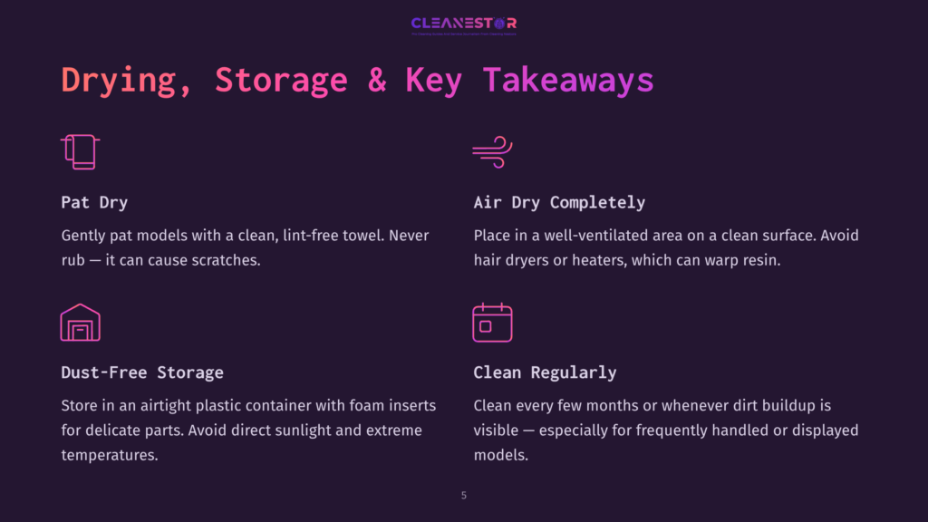 Cleanestor Graphic On Drying, Storage &Amp; Key Takeaways: Pat Dry, Air Dry Completely, Dust-Free Storage, Clean Regularly.