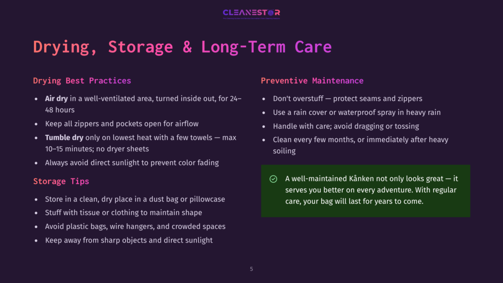 A Dark Purple Slide With The Title &Quot;Drying, Storage &Amp; Long-Term Care&Quot; For Kanken Bags, Featuring Sections On &Quot;Drying Best Practices&Quot; And &Quot;Preventive Maintenance&Quot; With Bullet Points And A Green Box Emphasizing Well-Maintained Kankens.
