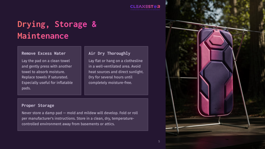 A Purple And Pink Geometric-Patterned Yoga Mat Hangs To Dry On A Clothesline Outdoors At Dusk, With Text Overlay About Drying And Storage.