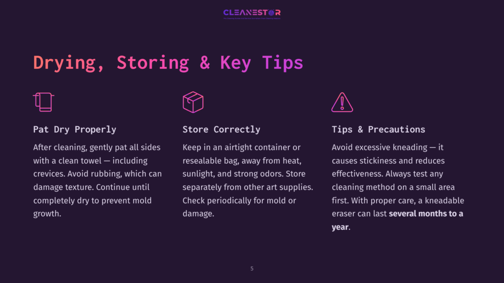Infographic With Text: Drying, Storing &Amp; Key Tips. Features Icons For Pat Drying, Airtight Storage, And A Warning Symbol. Provides Advice On Cleaning, Storing, And Using Art Supplies.
