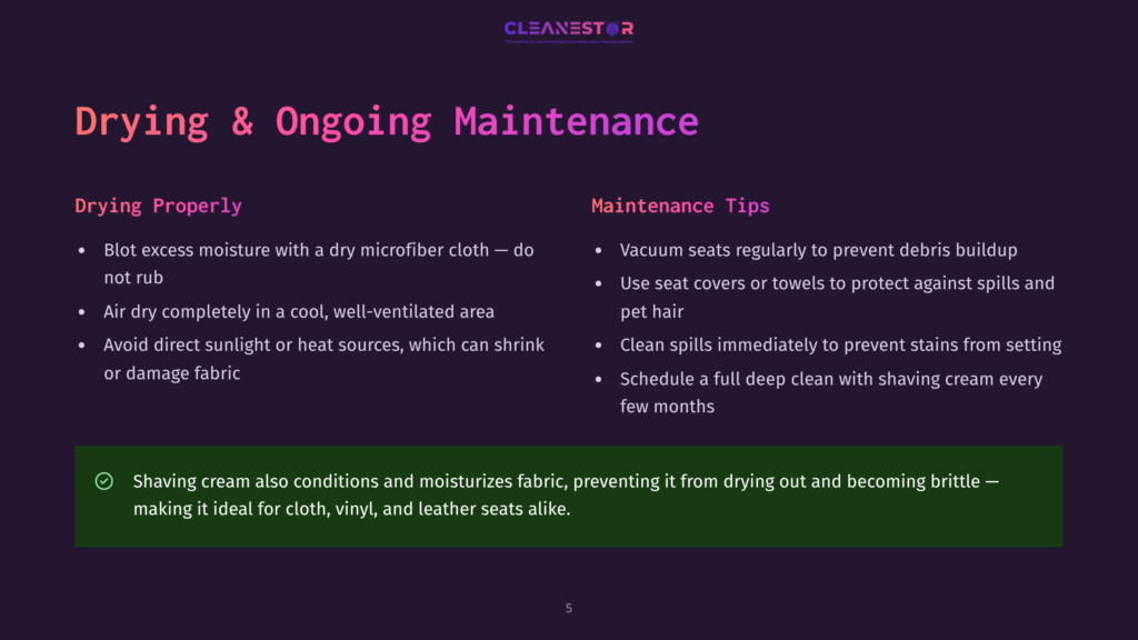 An Infographic On Drying And Ongoing Maintenance With Text Blocks Discussing Drying Properly, Vacuuming Seats Regularly, And Using Seat Covers Or Towels To Protect Against Spills And Pet Hair.