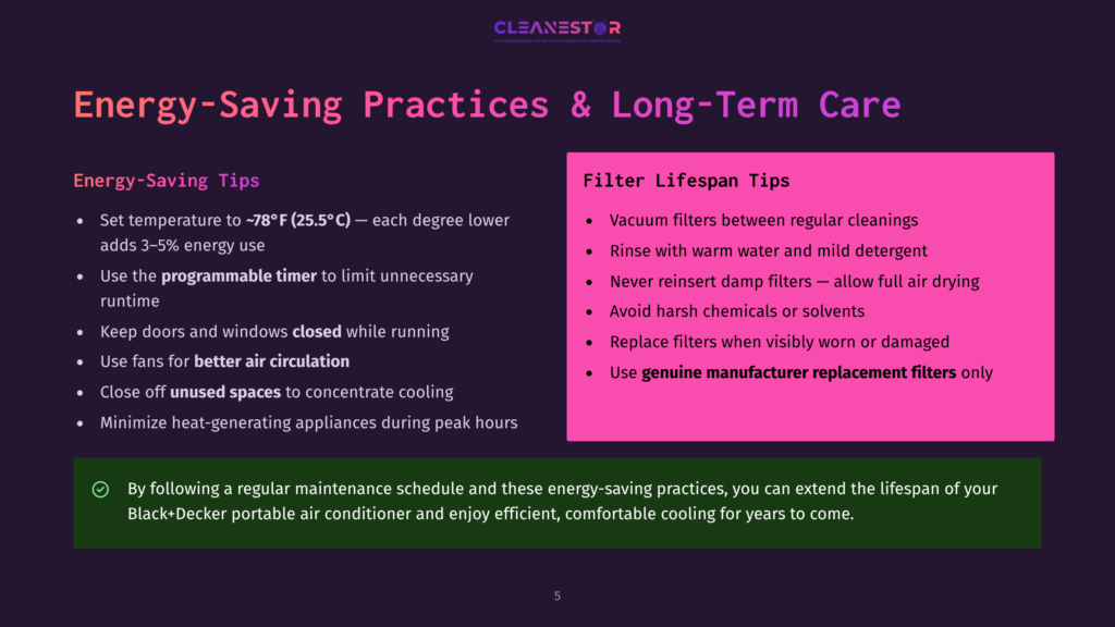 5 Energy Saving Practices And Long Term Care A Presentation Slide Titled &Quot;Energy-Saving Practices &Amp; Long-Term Care&Quot; From Cleanestor, Detailing Tips For Energy Conservation And Filter Maintenance For Appliances.