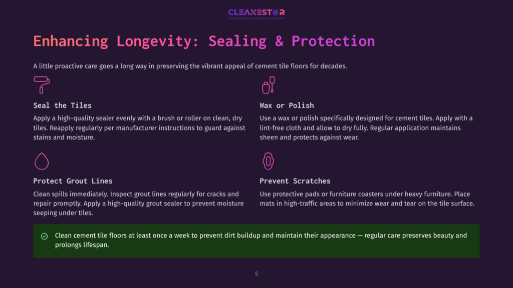 Enhancing Longevity, Sealing, And Protection For Cement Tile Floors: Seal The Tiles, Wax Or Polish, Protect Grout Lines, And Prevent Scratches.