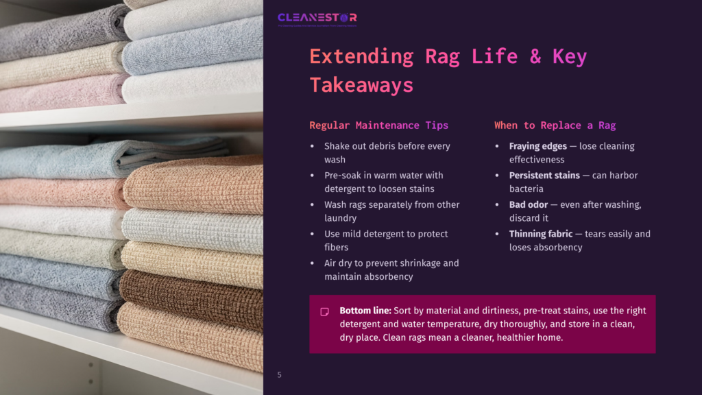 5 Extending Rag Life And Key Takeaways Stacked, Clean, Colorful Bath Towels In Shades Of Beige, White, And Light Blue Are Neatly Organized On White Shelves. Text Overlay: &Quot;Cleanestor Extending Rag Life &Amp; Key Takeaways&Quot;.