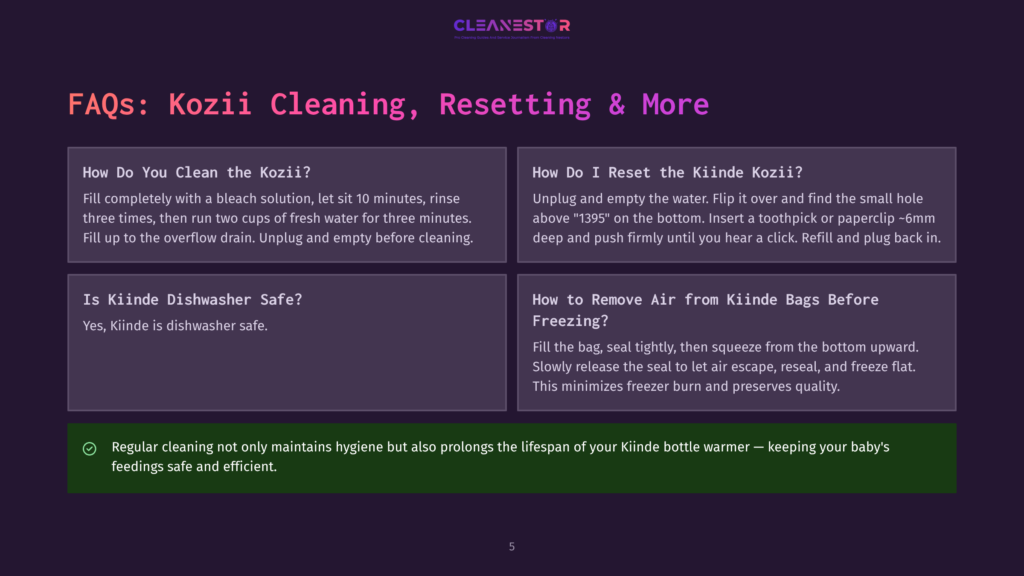 Faqs Section On A Webpage With Four Questions: How Do You Clean The Kozii? How Do I Reset The Kiinde Kozii? Is Kiinde Dishwasher Safe? How To Remove Air From Kiinde Bags Before Freezing?