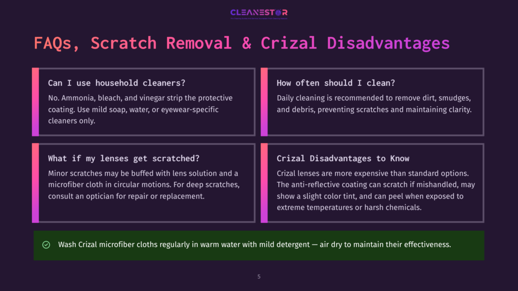 A Dark Purple Background Displays A Graphic With The Title &Quot;Faqs, Scratch Removal &Amp; Crizal Disadvantages.&Quot; Four Boxes Contain Text About Cleaning Lenses, With One Box Highlighting &Quot;Wash Crizal Microfiber Cloths Regularly In Warm Water With Mild Detergent.
