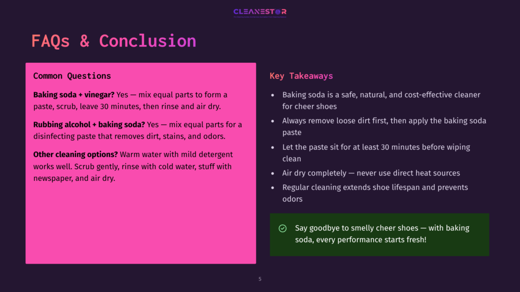 Cleanestor Presentation Slide Titled &Quot;Faqs &Amp; Conclusion&Quot; With Sections On Common Questions About Cleaning Cheer Shoes And Key Takeaways.