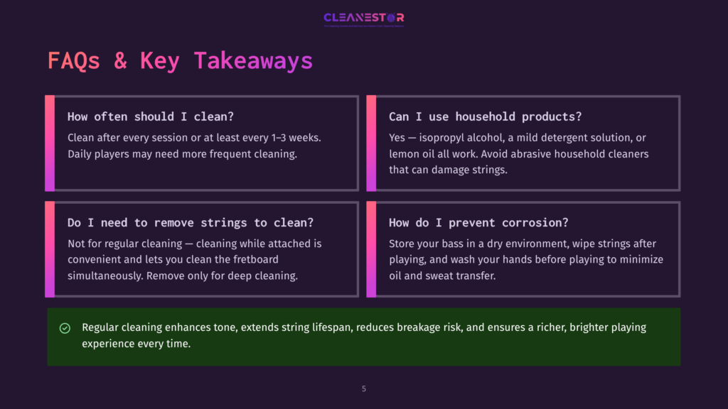 Faqs And Key Takeaways About Cleaning And Maintaining Musical Instruments. Includes Sections On Cleaning Frequency, Product Usage, String Removal, And Corrosion Prevention.