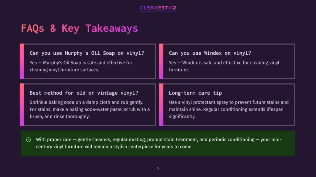 Infographic With Text About Cleaning And Caring For Vinyl Furniture, Including Tips For Oil Soap, Windex, And Vintage Vinyl.