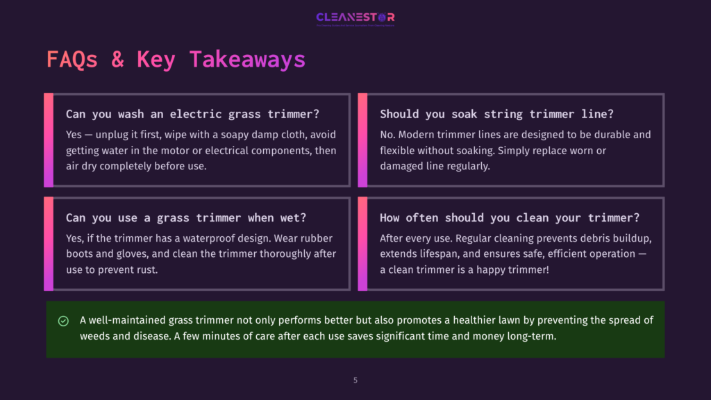 5 Faqs And Key Takeaways 4 Faqs And Key Takeaways About Electric Grass Trimmer Maintenance In An Infographic Style With Purple And White Background, Three Sections With Questions About Washing, Soaking, And Cleaning Grass Trimmers.