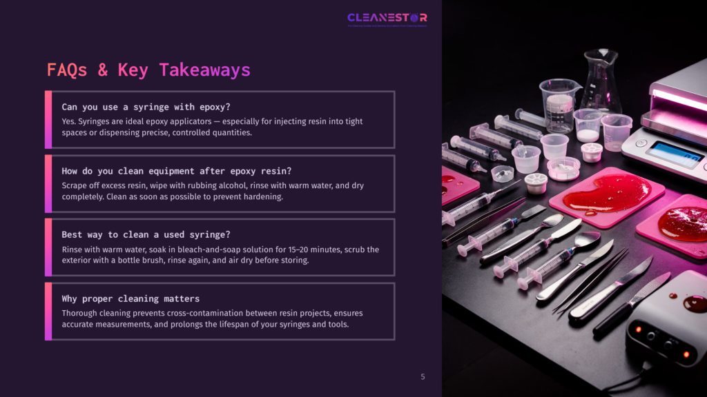 A Dark, Moody Scene Showcases Multiple Syringes Filled With Clear Epoxy Resin, Alongside Various Cleaning Tools Like Spoons And Brushes, Illuminated By A Bright Uv Light. The Image Also Features A Digital Scale, A Beaker, And A Small Uv Curing Lamp, Suggesting A Crafting Or Diy Setup For Working With Resin.